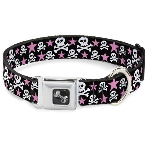 Buckle-Down Pet Collar, Dog Collar Metal Seatbelt Buckle, Skulls Stars Black White Pink, 9.5 to 13 Inches 1.0 Inch Wide