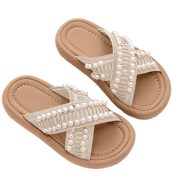 Girls Pearl Cross Strap Slide Sandals, Soft Sole Casual Slippers for Little Kids, Non Slip Summer Outdoor Shoes for 4-12
