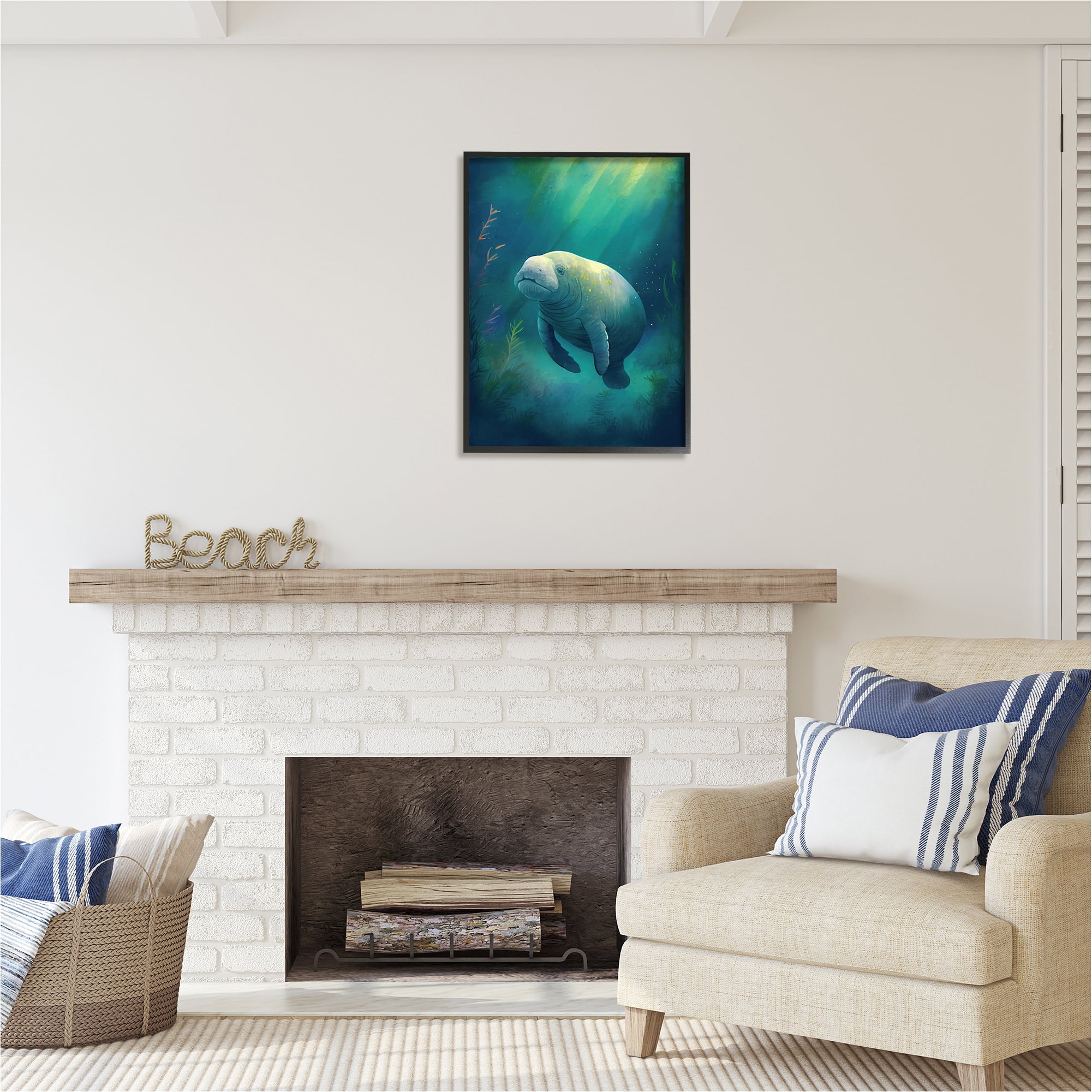 Stupell Industries Manatee Underwater View Animals & Insects Painting Black Framed Art Print Wall Art, 24 x 30