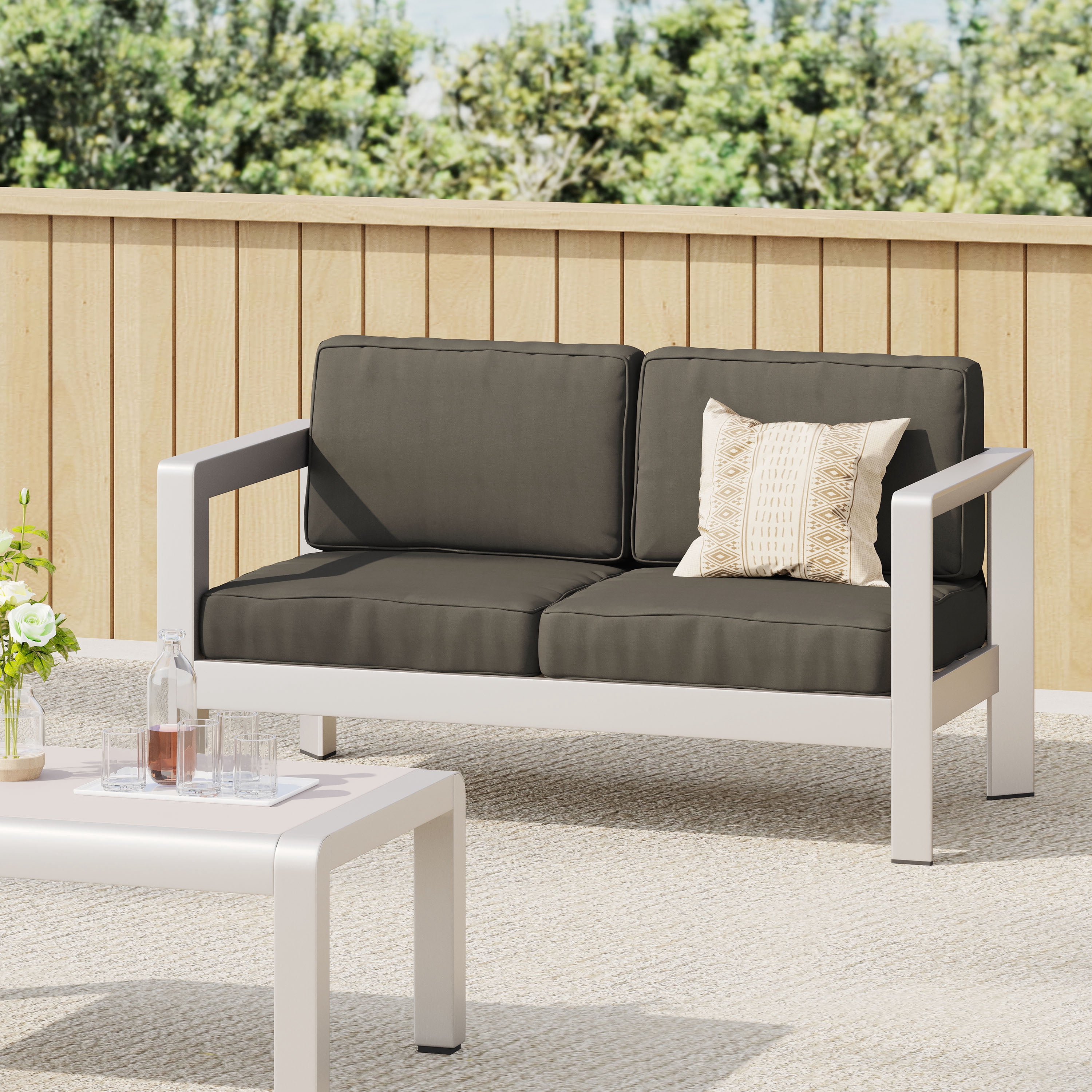 Outdoor Double Seat Loveseat, All Aluminum Frame Leisure Sofa for Patio Garden, Gray