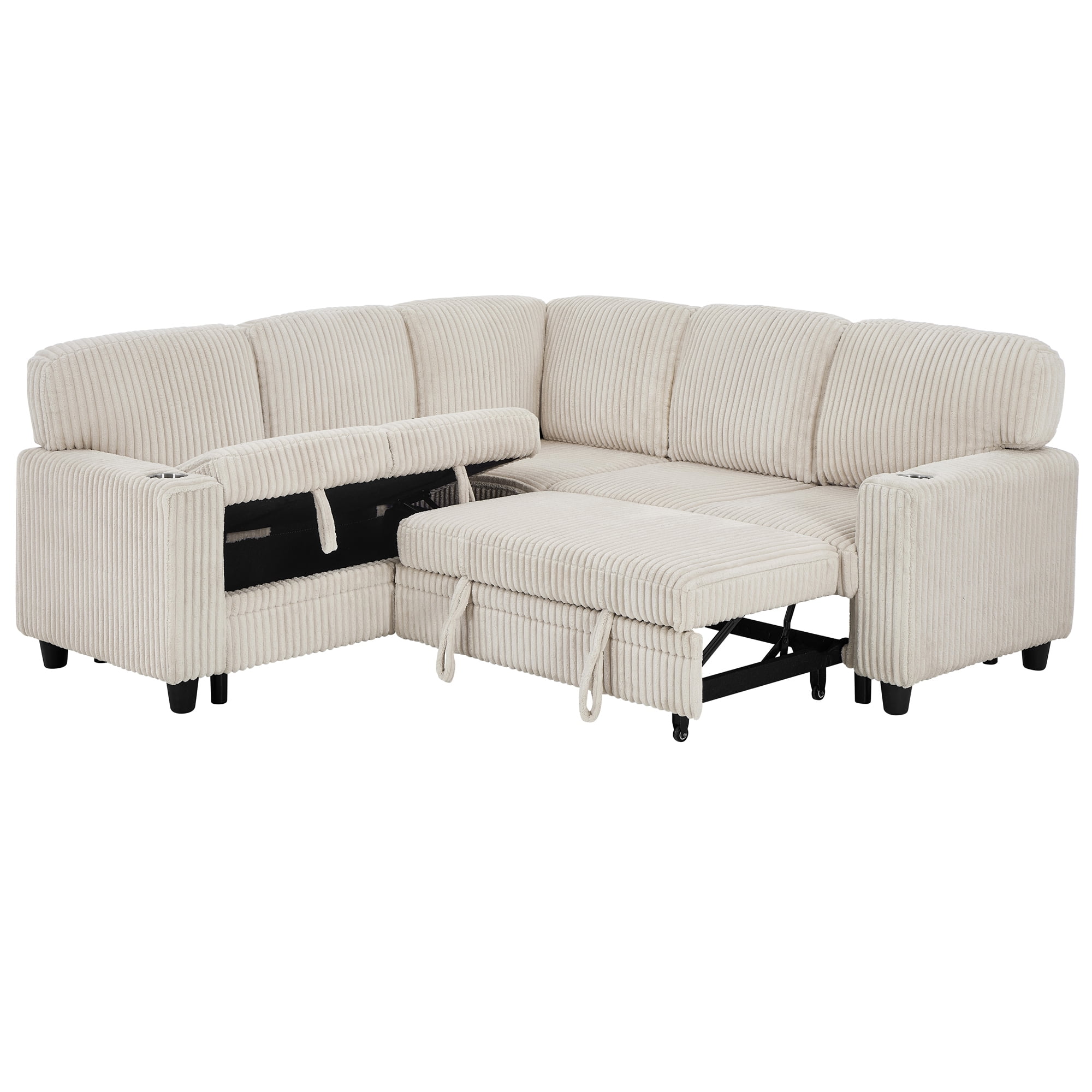 5-Seat L-Shaped Sectional Sofa with Pull-Out Bed, Reversible Chaise with Storage, Sleeper Sofa Couch Bed with USB & Type-C Charging Ports, Chenille Fabric Couch for Living Room, Apartment