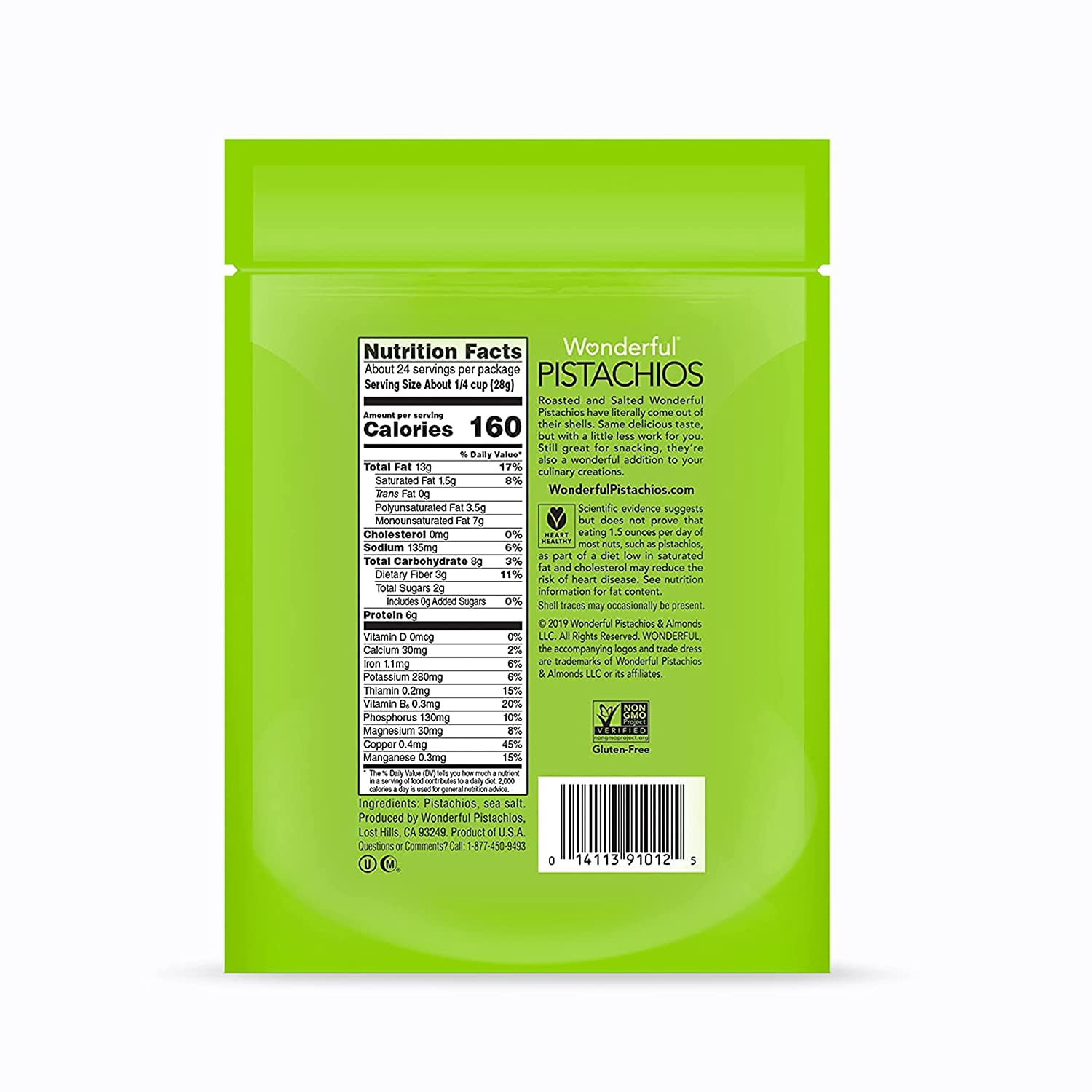 Wonderful Pistachios, No Shells, Roasted & Salted Nuts, 24 Ounce Resealable Bag, Good Source of Protein, Gluten Free, On the Go Snack