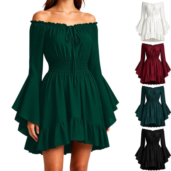 Smsaxvxz Womens Halloween Corset Costumes Off Shoulder Bell Sleeve Mini Dress Comfotable Fairy Goth Dress Green L