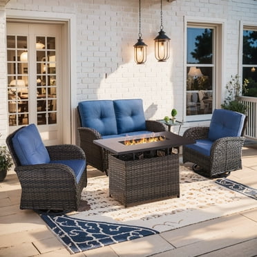 Gymojoy 7 Pieces Patio Furniture Set with Fire Pit,Outdoor Swivel Chair, 2-Seat SOfa with Table,All Weather PE Wicker Patio Conversation Sets for Deck Porch Backyard