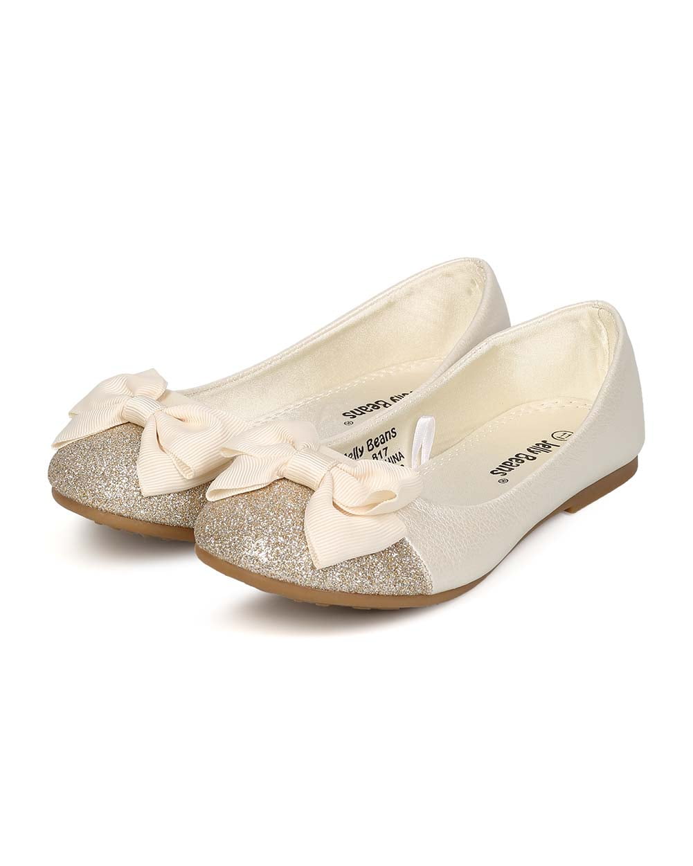 Little Girl//Big Girl EI45 White Alrisco Leatherette Glitter Capped Toe Bow Ballerina Flat