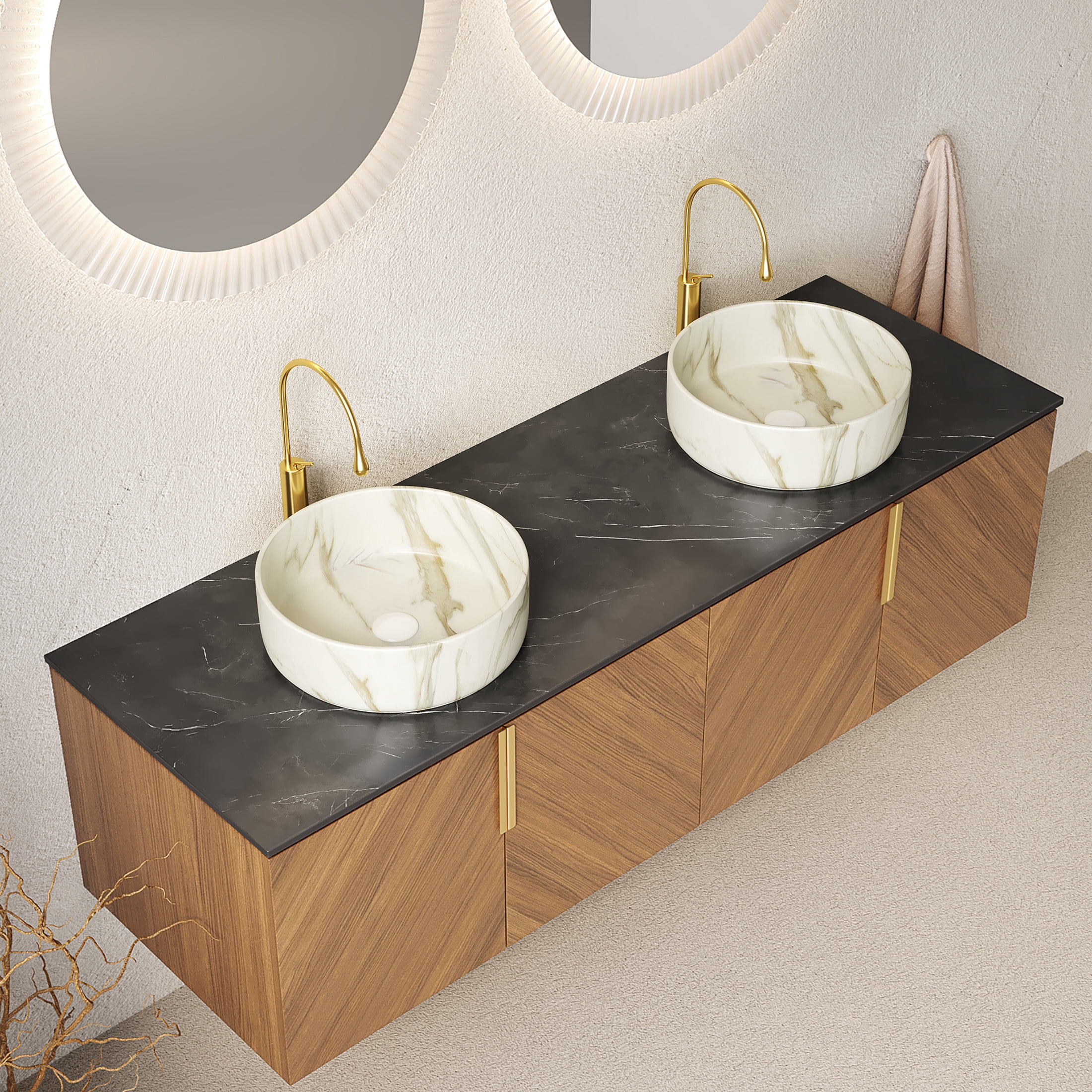 Noble House ARAI 60" Floating Double Bathroom Vanity, Sintered Stone Top Cabinet with Dual Stone Round Sink, Oak