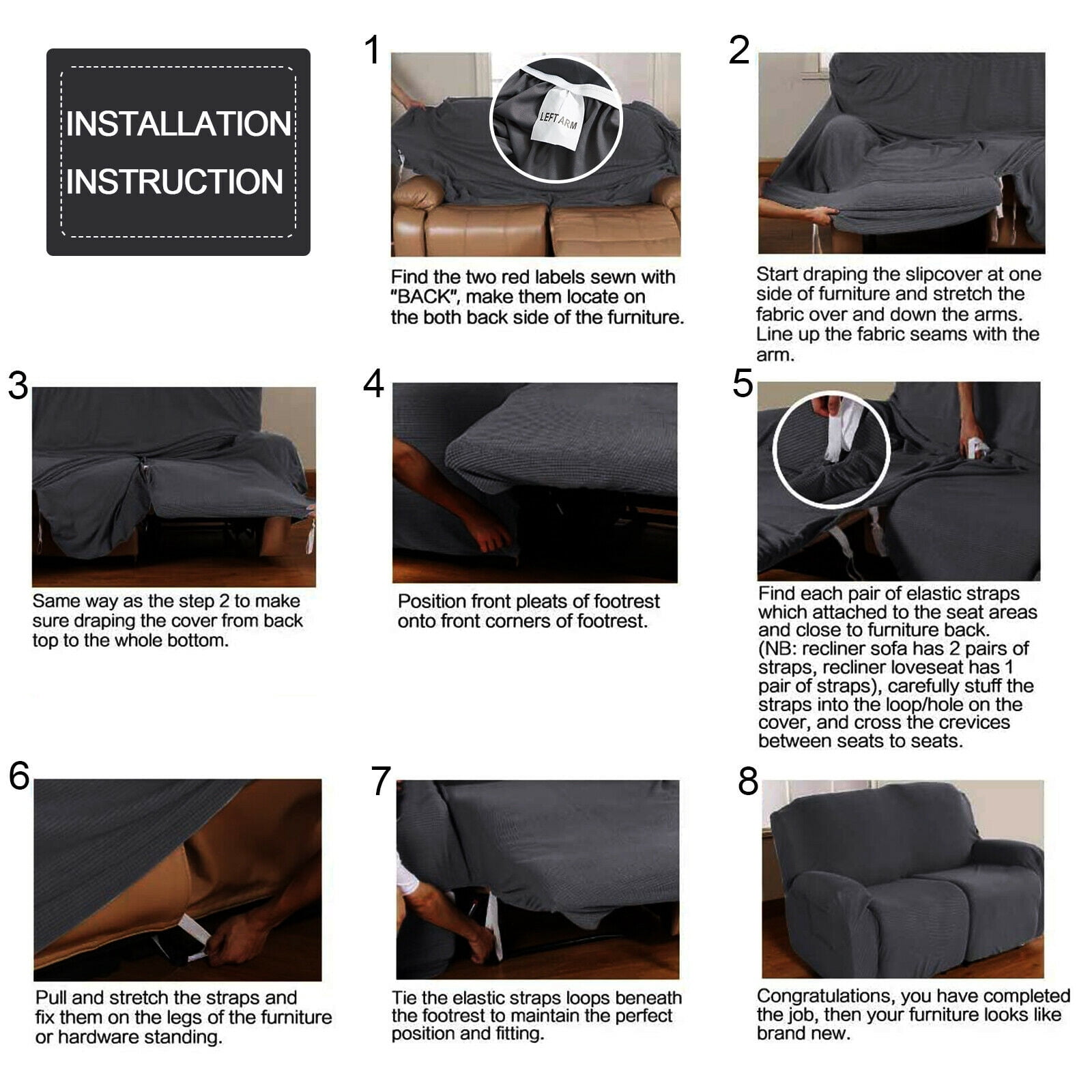 SHANNA Reclining Love Seat Slipcover, 2-Seater 6-Piece Velvet Stretch Loveseat Reclining Sofa Covers, Dark Gray