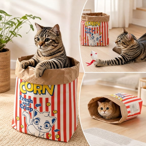 Interactive Paper Crinkle Cat Toy Bag Cute Popcorn Print Foldable Hide and Seek Kraft Play Sack for Indoor Kittens Pet Supplies