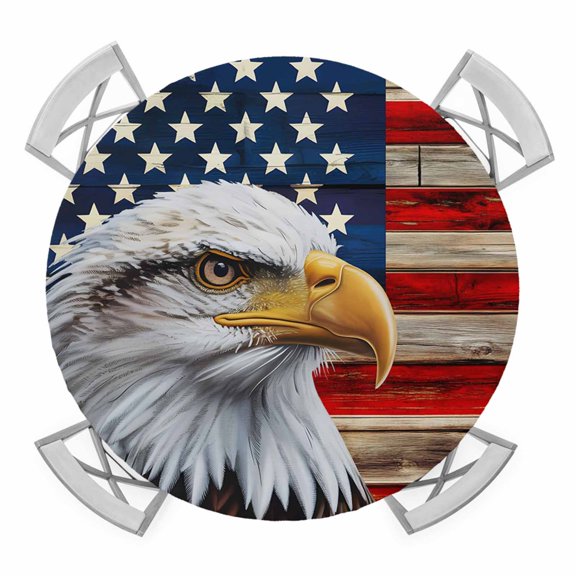 Elastic Fitted Round Tablecloth, American Flag Waterproof Stretch Table Cover for 55"-60" Tables, Eagle Blue Red USA Flag Vintage Washable Outdoor Tablecloths for Patio, Picnic, Camping