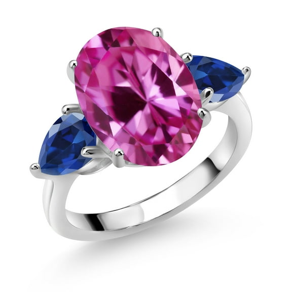 Gem Stone King 925 Sterling Silver Pink Created Sapphire and Blue Created Sapphire Ring for Women (8.00 Cttw, 14X10MM Oval and 7X5MM Pear Shape, Gemstone September Birthstone, Size 9)