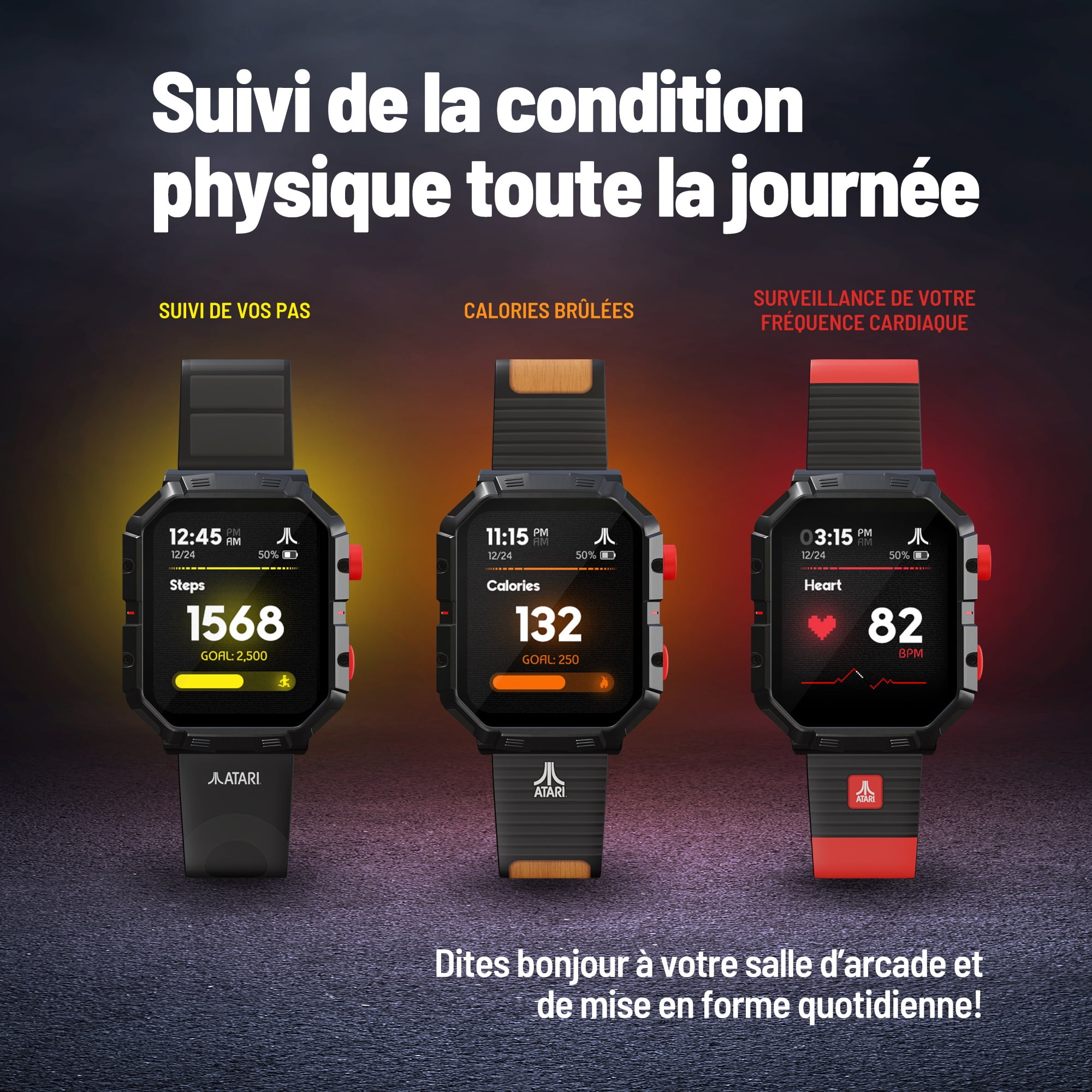 Montre My Play Watch Atari 2600™ – Montre intelligente de jeu rétro avec technologie sélective, non connectée, jeux Centipede™, Pong™, Missile Command™, Super Breakout™ intégrés, moniteur d’activités