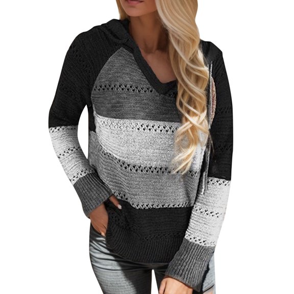 Wangmeiwg Women's Sweatshirts Women's Hoodies & Sweatshirts Fashion Casual Sweater Patchwork Blouse Long Sleeves V Neck Hooded Tops for Women Black 3XL