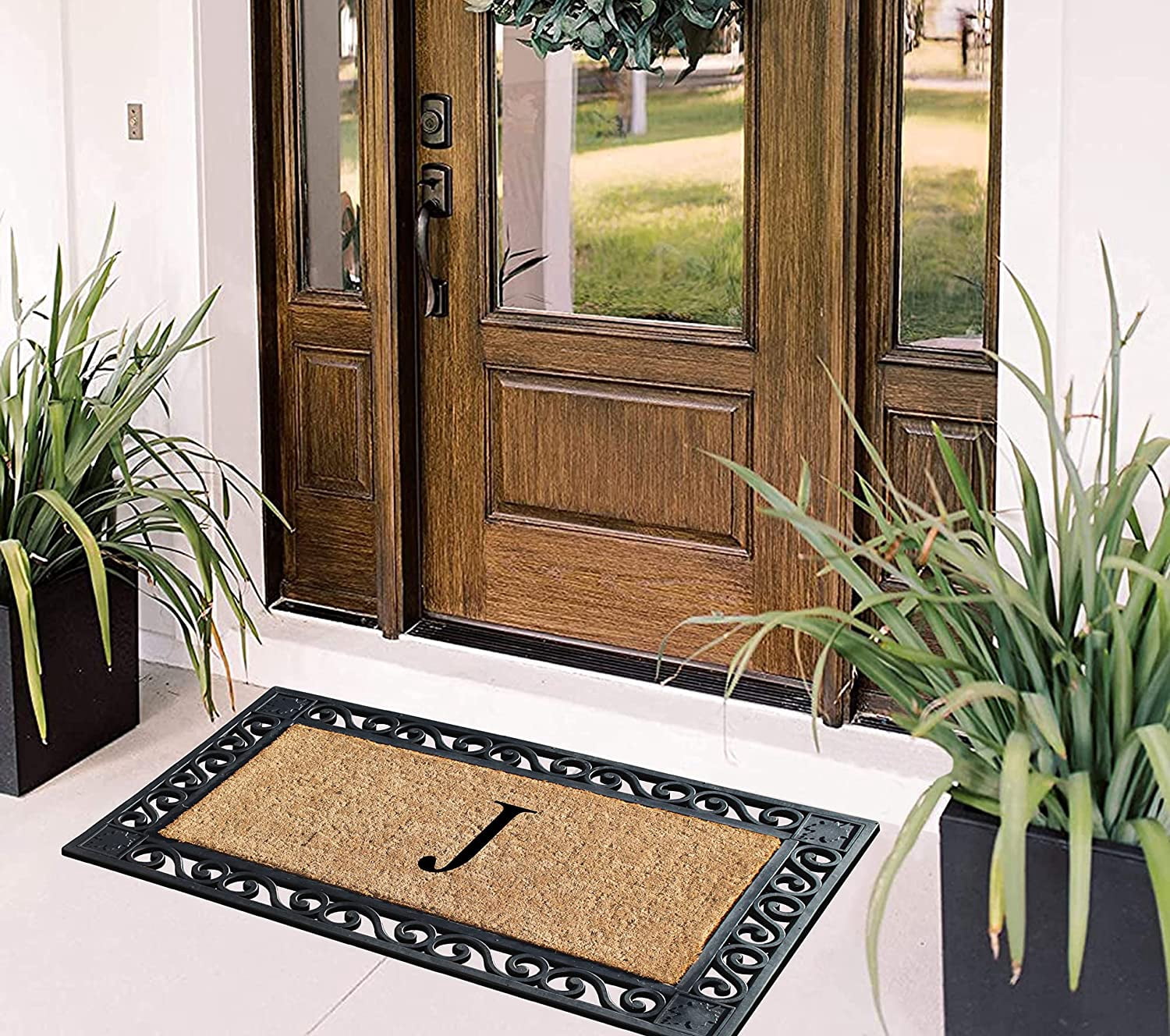 A1HC Natural Coir and Rubber Paisley border Monogrammed Doormat, Anti-Shed Treated Durable for Outdoor Entrance , 23"X38", Black