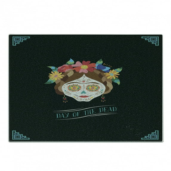 Day of the Dead Cutting Board, Hispanic Holiday la Calavera de la Catrina Inspired Hairstyle and Make, Decorative Tempered Glass Cutting and Serving Board, Small Size, Multicolor, by Ambesonne