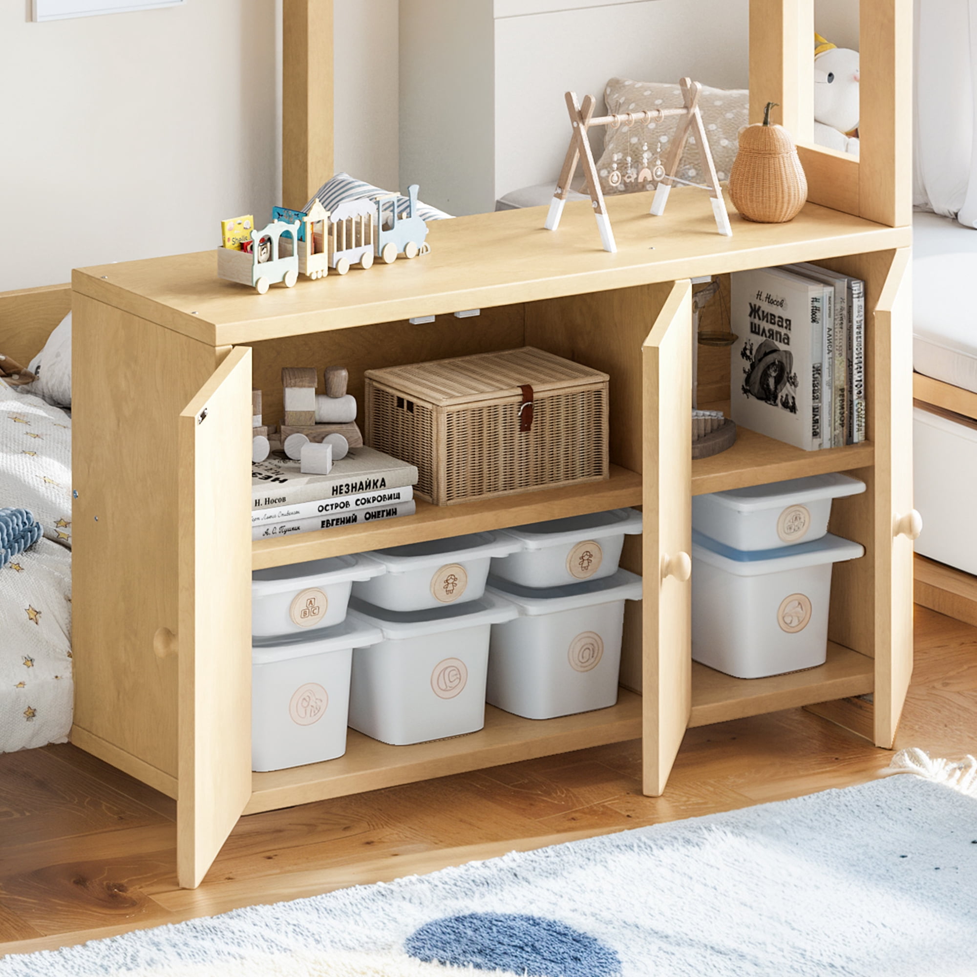 Leumius Twin over Twin Size Playhouse Loft Bed with Storage Stairs, Solid Wood Loft Bed with Pretend Convenience Store Counter, Convertible Underbed Space for Sleep or Play Natural