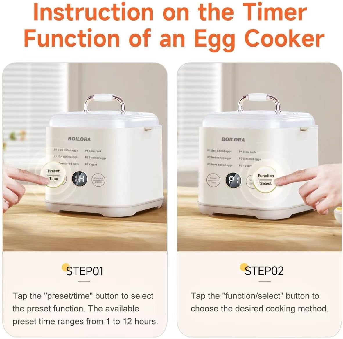 BOILORA Smart Egg Cooker for Soft Medium Hard Boiled Eggs with 24-Hour Delay Timer and Auto Shut-Off Stainless Steel Rack BPA-Free