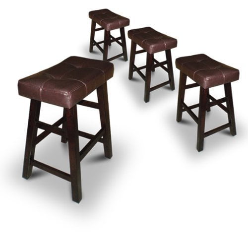 4 Bar Stools 24" or 29" High Dark Espresso Wood with Bonded Faux Leather Seat 
