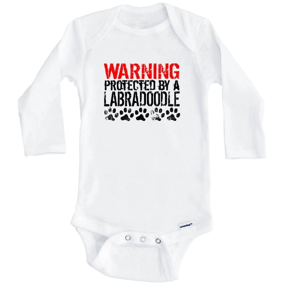 Warning Protected By A Labradoodle Funny One Piece Baby Bodysuit Funny Dog Baby Bodysuit (Long Sleeve), 6-9 Months White