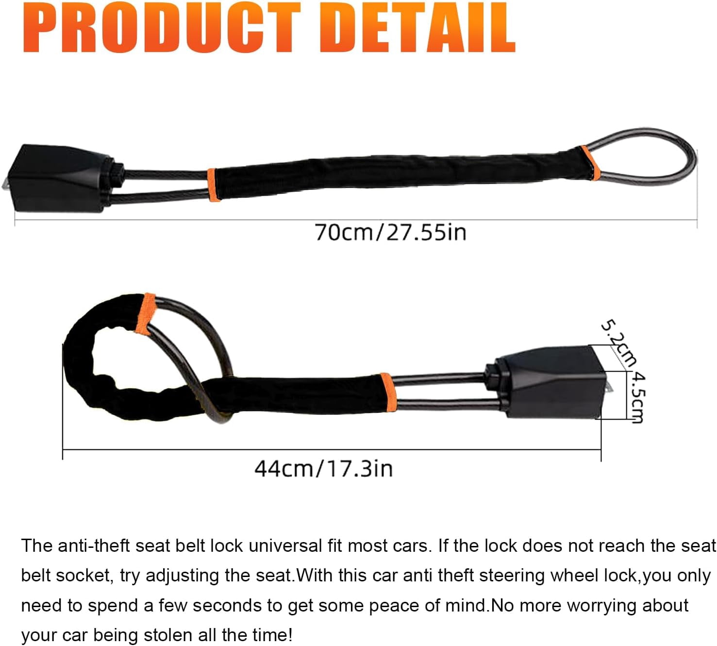 DualGuard Car Steering Wheel & Seat Belt Lock - 17" Universal Anti-Theft Device for Vehicles, SUVs, Golf Carts | Compact & Lightweight Security Lock with Multi-Function Keys (Black)