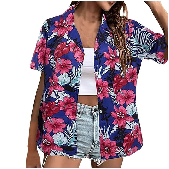 jjayotai Womens Plus Size Tops Clearance,Women's Hawaiian Button-up Shirt Casual Short Sleeve Floral Tropical Print Summer Shirt