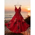 thumbnail image 2 of Red Floral Print Ruched Waist Elegant Long Spaghetti Strap Maxi Dress For Party, 2 of 5