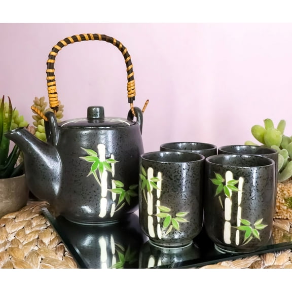 China Winter Lucky Bamboo Design Porcelain Black 20oz Tea Pot and 4 Cups Set