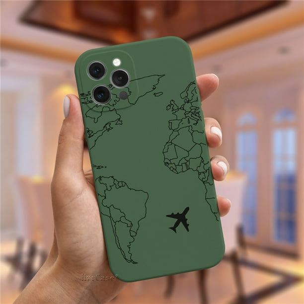 Funda de silicona de viaje con mapa del mundo de aviones populares de lujo para iPhone 11 12 13 14 Pro Max 13Mini 13ProMax Cute Candy Matte Soft Cover Deng Xun unisex