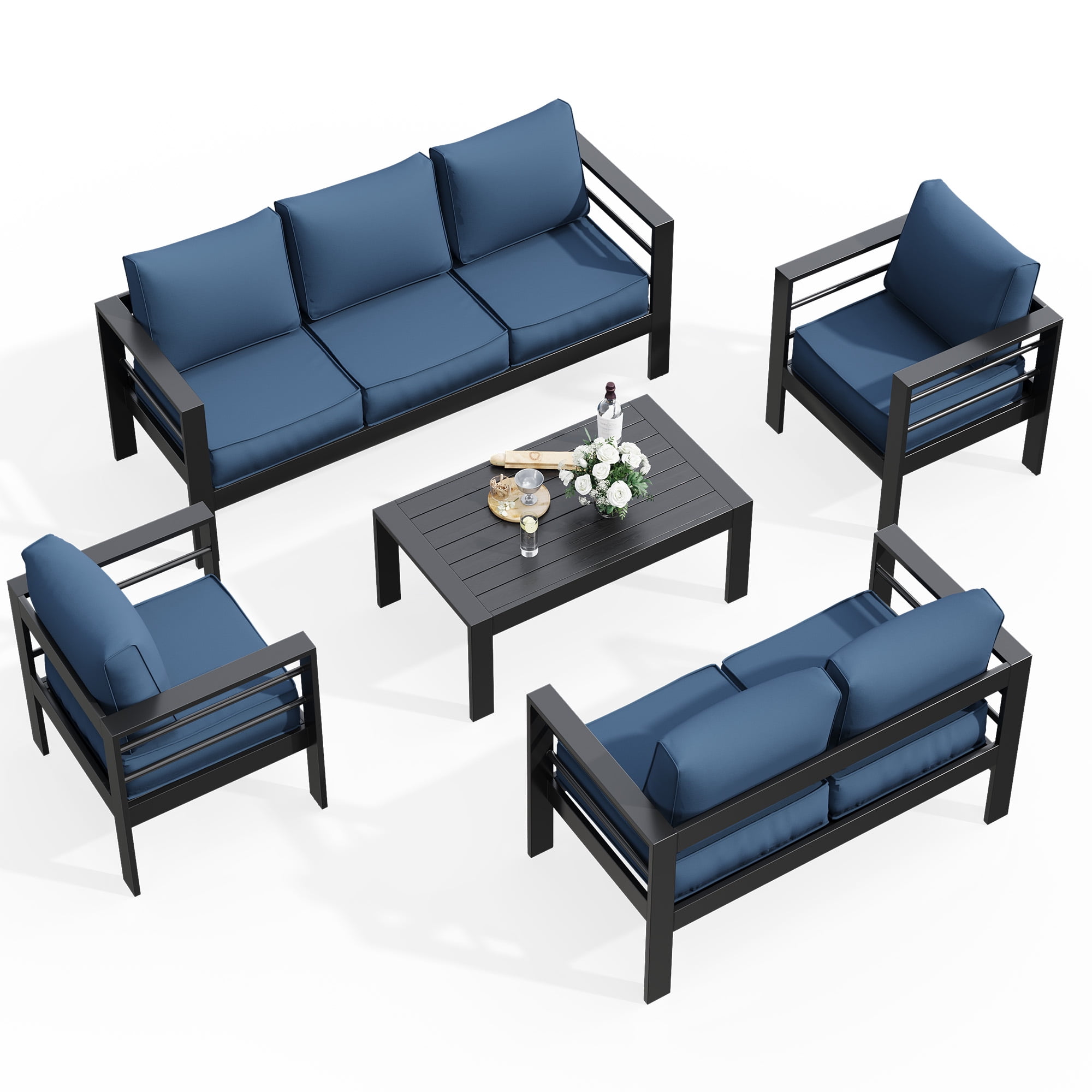 ECOPATIO Aluminum Patio Furniture Set, 8 Pcs Metal Modern Outdoor Sofa Sets, Outdoor Sectional Patio Conversation Set with Coffee Table for Backyard, Poolside, Dark Gray & Blue