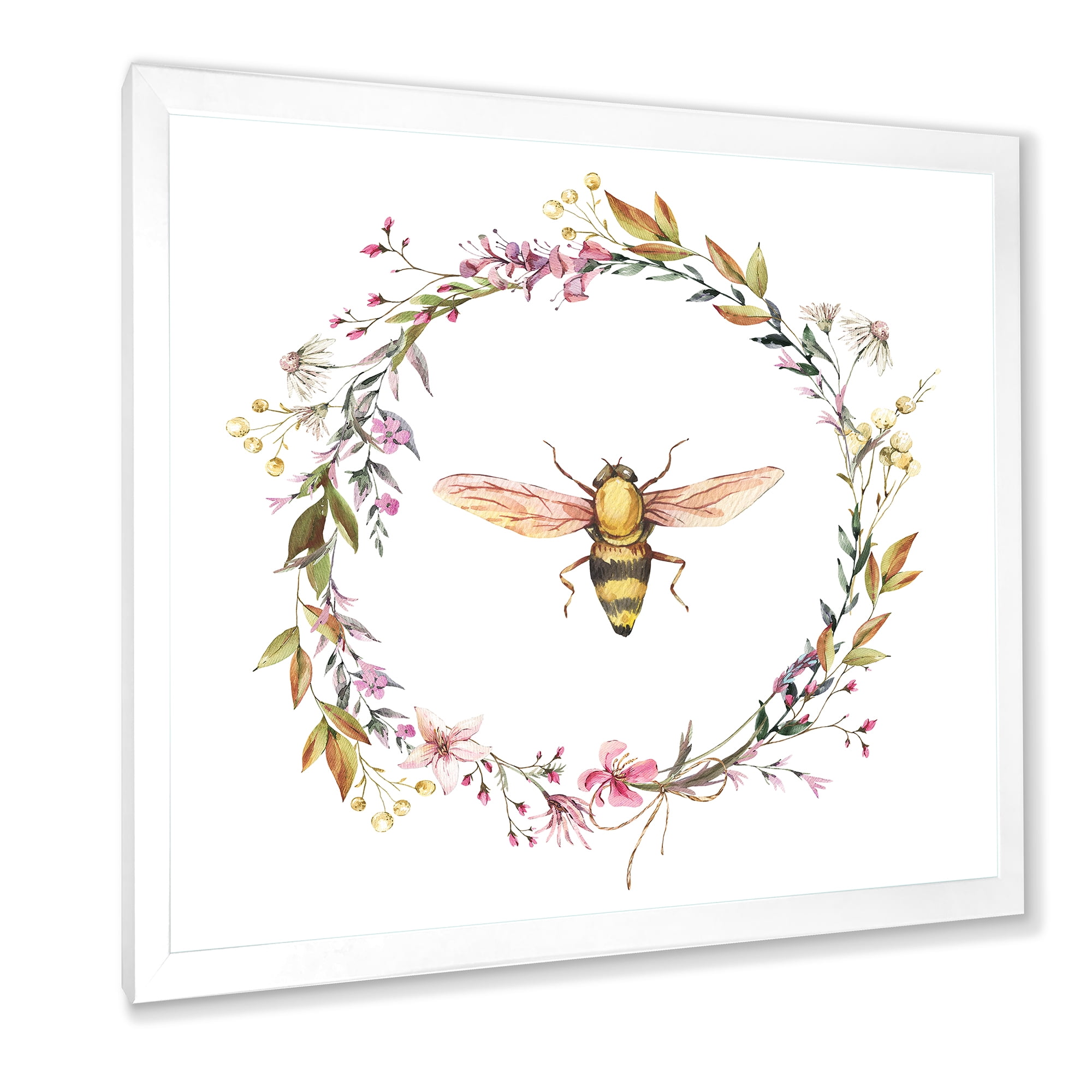 Designart 'Wildflowers Wreath and A Bee' Farmhouse Framed Art Print
