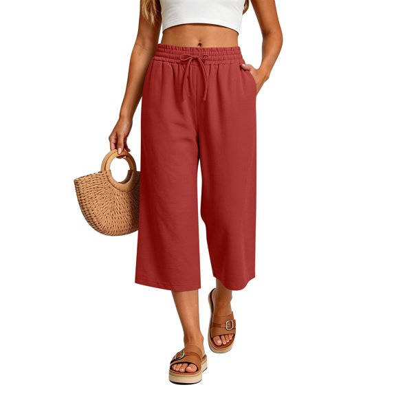 Yifymode Women's Capri Pants Summer Beach Casual Drawstring Wide Leg Lounge Palazzo Pant,Red S