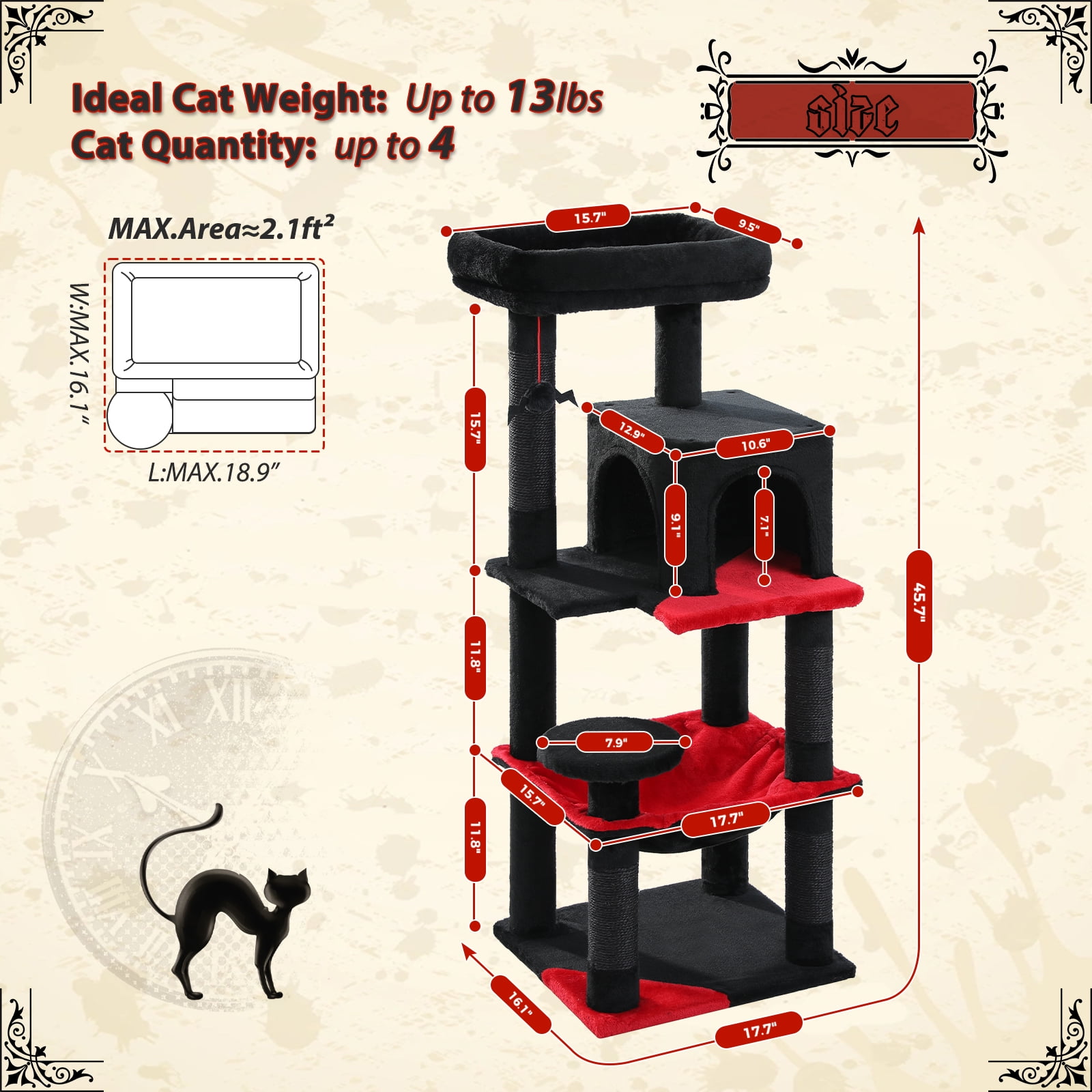 resenkos 45" Modern Cat Tree House, Cat Condo for Indoor Cats, Activity Center Cat Scratching Tower for Kittens Toy, Black