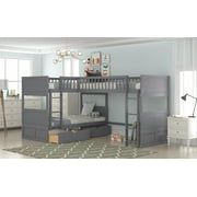 Euroco Twin Size L-Shaped Wood Triple Bunk Bed with Drawers for for Kids Teens Bedroom, Gray