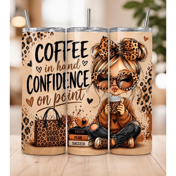 Coffee Confidence Leopard Skinny Tumbler 20oz with Lid and Reusable Straw, Stainless Steel Insulated Travel Mug for Hot and Cold Drinks, Cup Holder Friendly Gift for Women Men, Home Work Travel