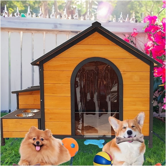 JERFIT Large Outdoor Dog House with Porch, 2 Bowls & Toy Storage | All-Weather Solid Wood Pet Shelter for Multiple Dogs