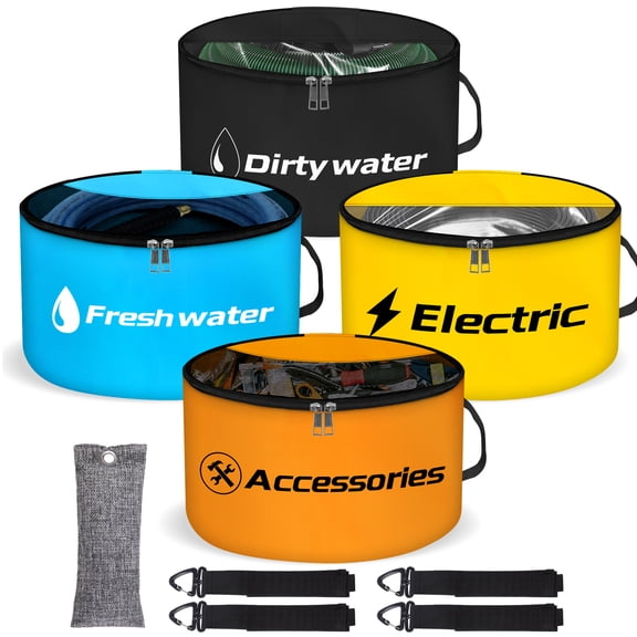 Aovky 4 Pack Rv Sewer Hose Storage, Waterproof Rv Storage and Organization with Dual Zipper Closing Visible Cover, RV Utility Bag for Store Fresh Black Water Hoses, Electrical Cords, Camper Tools