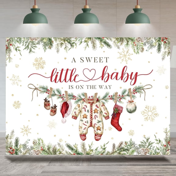 Christmas Baby Shower Backdrop A Sweet Little Baby is On The Way Background Green Pine Leaves Gold Snowflake Baby Shower Party Decorations Banner Supplies Photo Booth Props