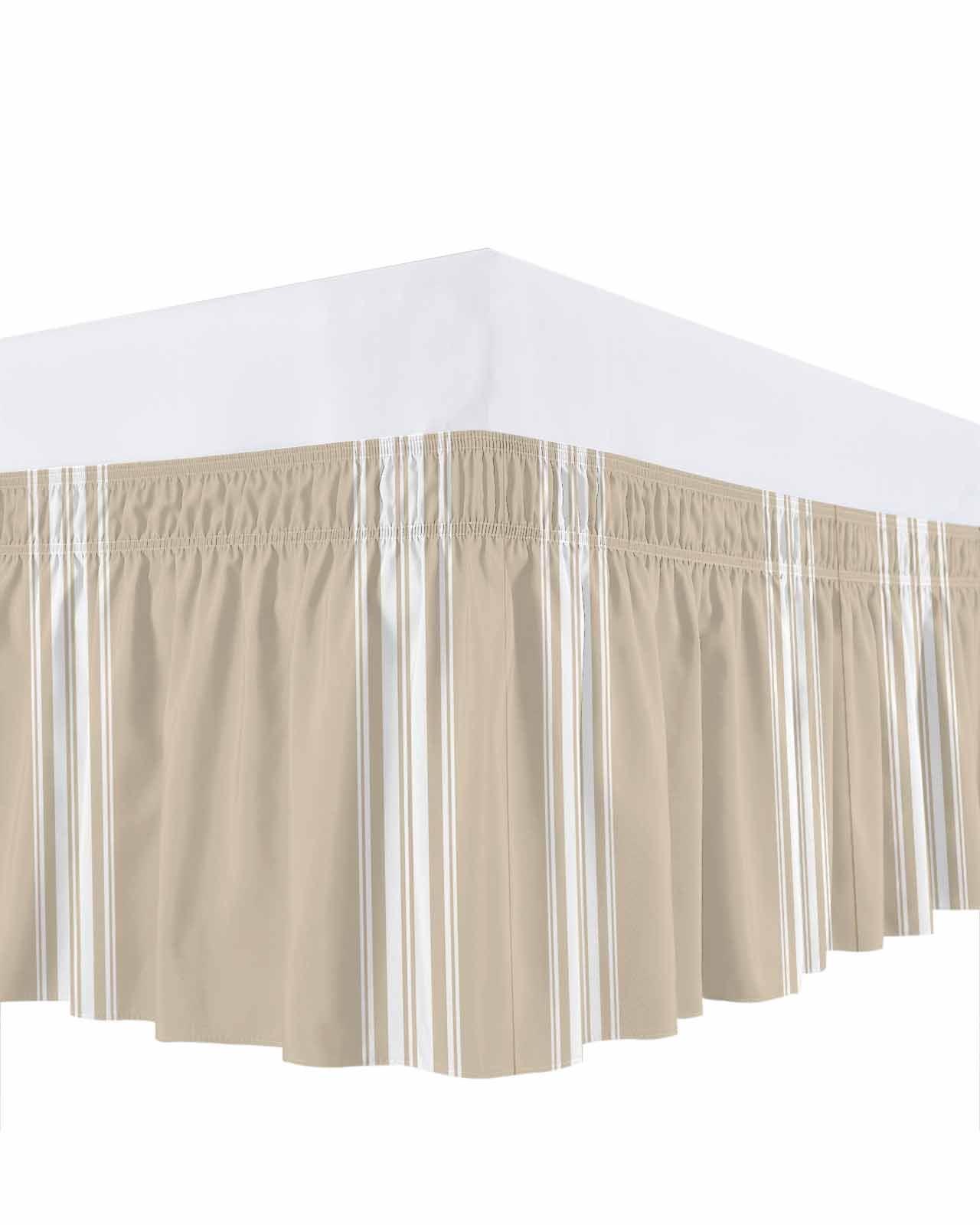 Farmhouse Khaki Bed Skirt Queen Size 16 Inch Drop, White Stripe Adjustable Elastic Dust Ruffles Bedskirt for Queen Bed Wrap Around Pleated Mattress Frame Cover