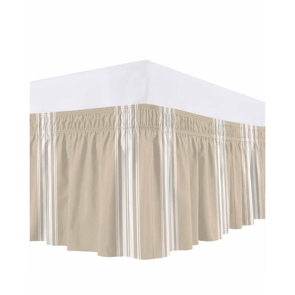 Farmhouse Khaki Ruffle Bed Skirt Queen Size White Stripe Adjustable Elastic Dust Bed Skirts Wrap Around Bedskirt Wrinkle Free Easy Fit with 18 Inch Drop