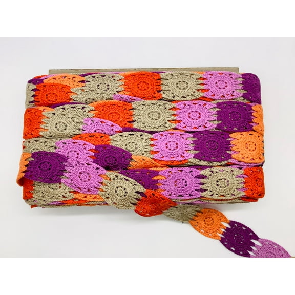 (Lt. Orange, Lavender, Lilac, Sand & Dk Orange) 1-3/4" Crochet Lace Galloon - 3 Yards