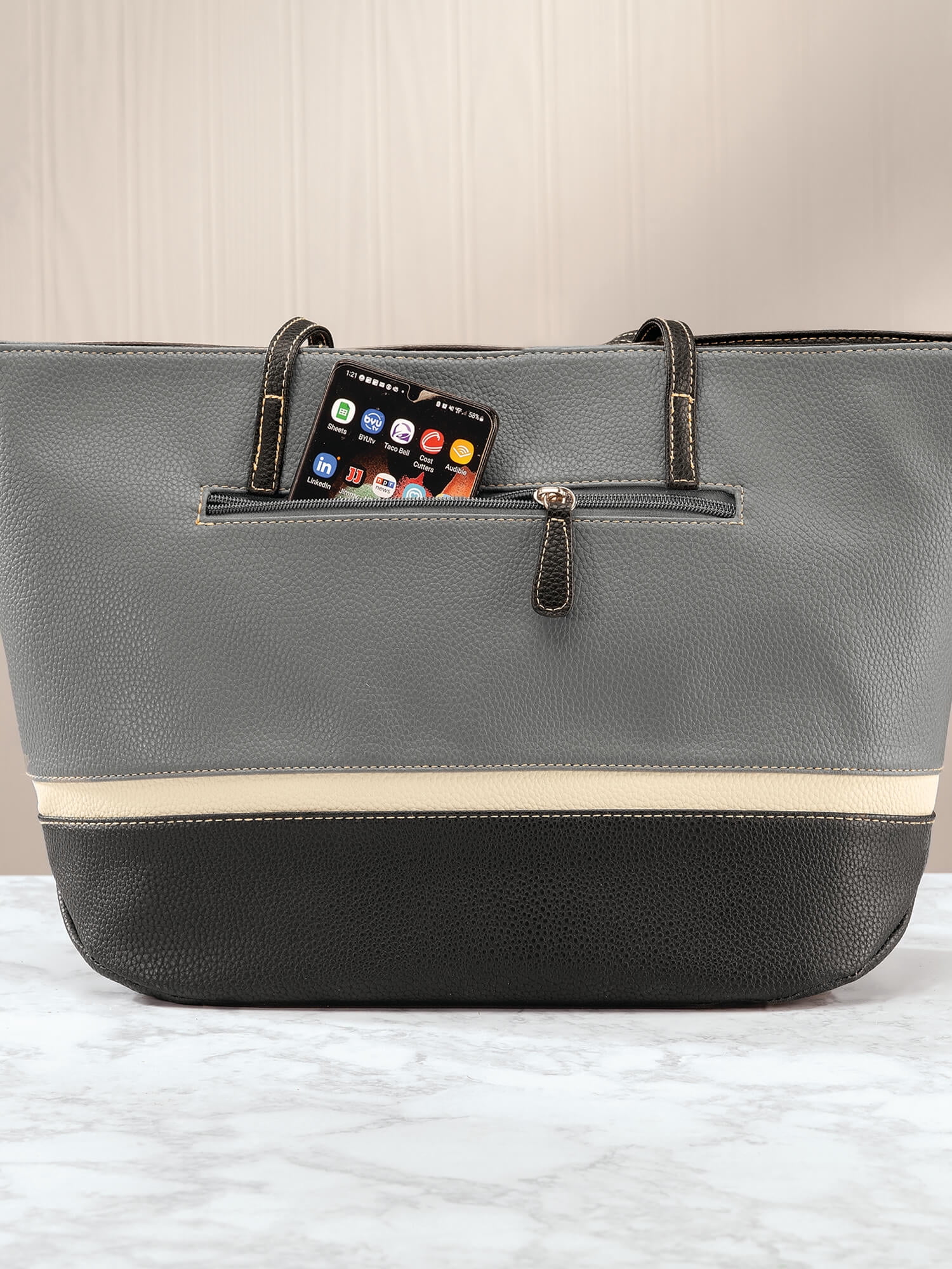 B.AmiciTM Renata RFID Tote Bag. Crafted with Polyurethane and Bonded Leather Womens Accessories Grey Black Design Measures 18 1 2 Long x 5 1 4 Wide x 10 3 4 High Walmart Business Supplies