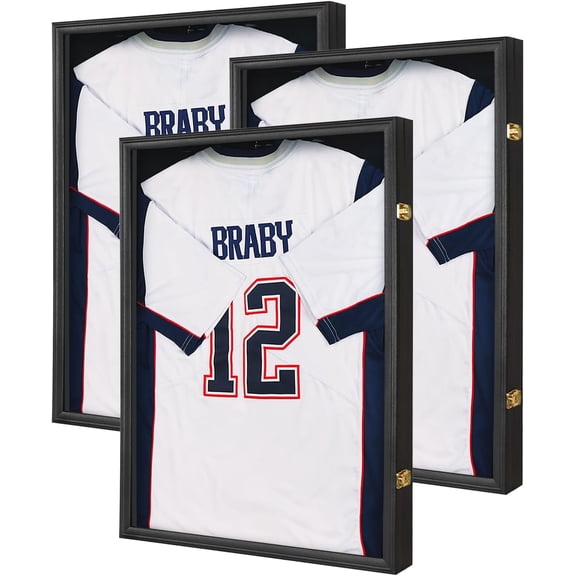 Jersey Display Frame -3pc Jersey Shadow Box for Sports Shirts, Uniform, 98%UV Protection Acrylic Glass, 2 Hanger(Black)