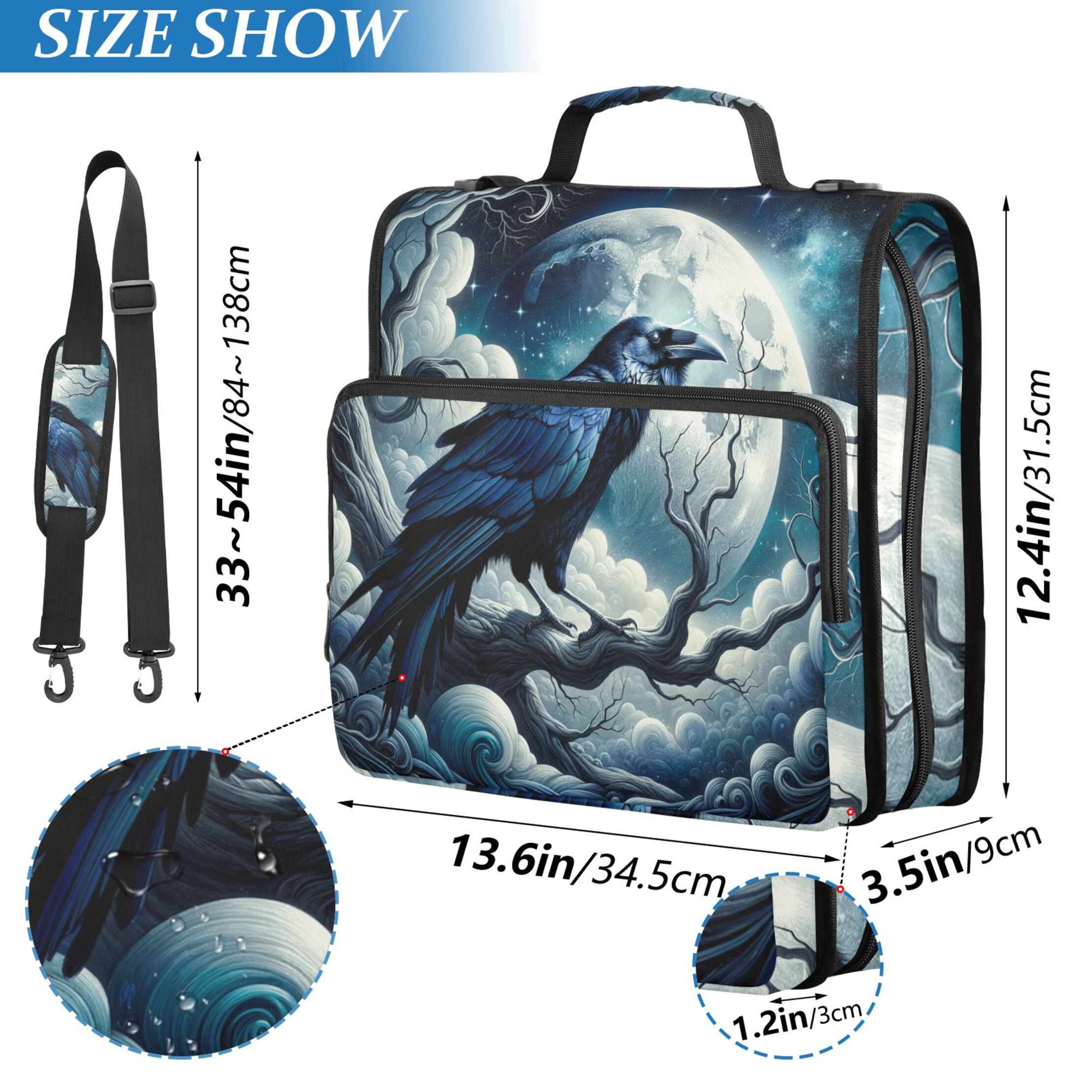 3 Ring Zipper Binder with Shoulder Strap Waterproof Trapper Keeper 2 Inch D-Ring 500 Sheets Capacity Crow on Branch with Moon