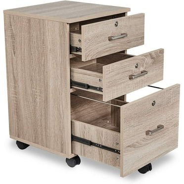Oak 3 Drawer File Cabinet: Mobile, Locking, Wood Finish