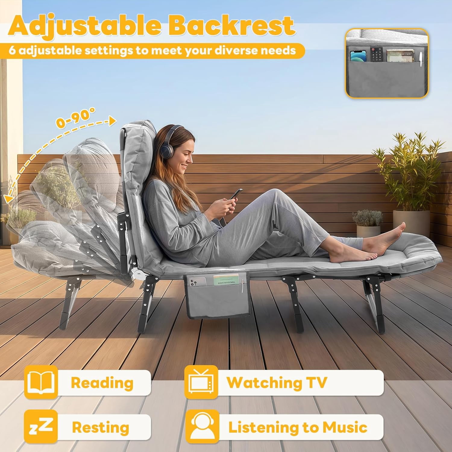Simenmax Folding Camping Cot with Headrest and Mattress, Portable Sleeping Bed Cot, Heavy Duty Cot Bed for Camping, Office, Travel,Gray