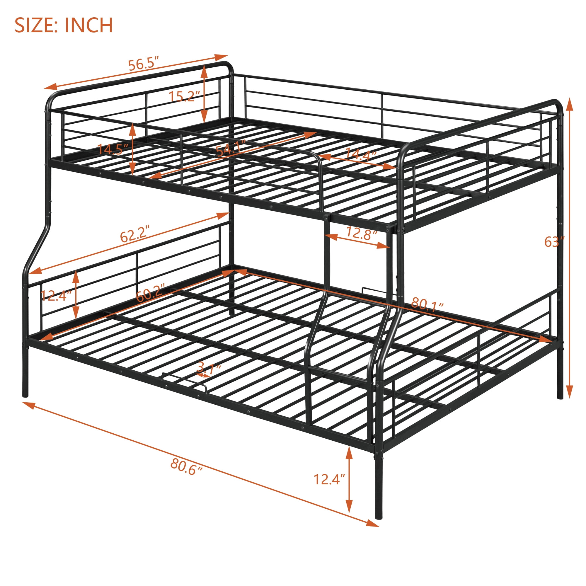 Full XL Over Queen Bunk Bed,Heavy Duty Metal Bed Frame Sturdy Guard Rail for Kids/Adults,Can be Divided Into Two Beds,Black