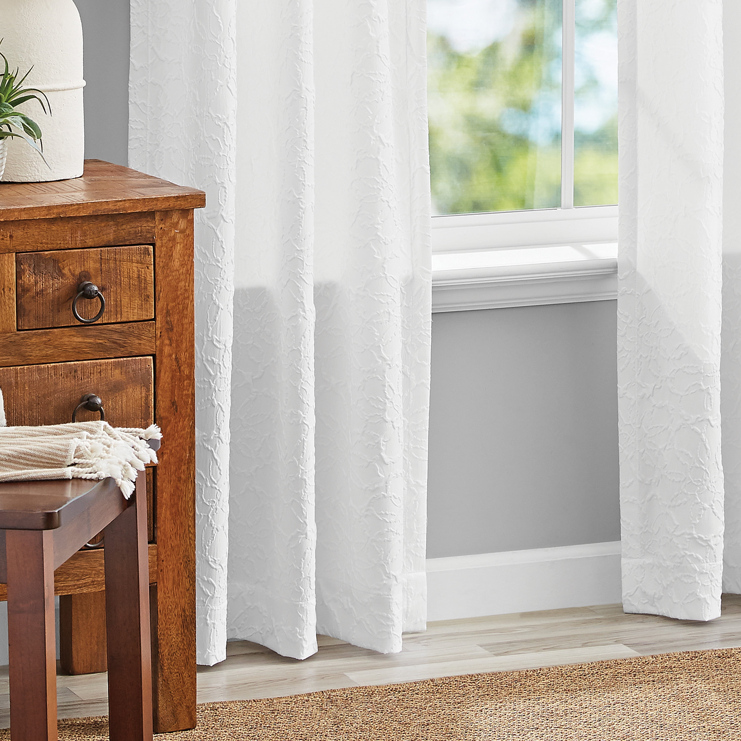 Mainstays Microsculpt Floral Rod Pocket Curtain Panels, Set of 2, White, 37" W x 84" L