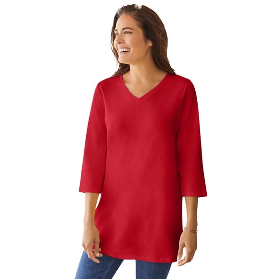 Woman Within Plus Size Perfect Three-Quarter Sleeve V-Neck Tunic