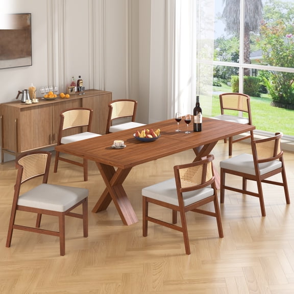 MMGW Set of 2 Rattan Dining Chairs with Fabric Upholstery and Hardwood Frame, Walnut