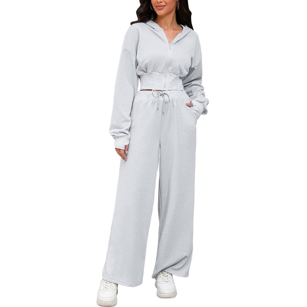 Conjuntos de chándal para mujer ATHLECHIC de 2 piezas, sudadera corta casual y pantalones de pierna ancha, conjuntos de entrenamiento y lounge, L Gris claro