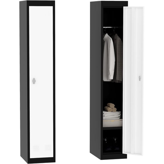 1 Door Tall Metal Locker with Key - Lockable Heavy Duty Steel Employee Locker, Secure Storage for Schools, Gyms, Homes, Offices, Utility Rooms, Durable Grey and Black Finish